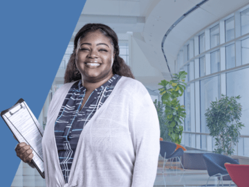Female with clipboard professional building