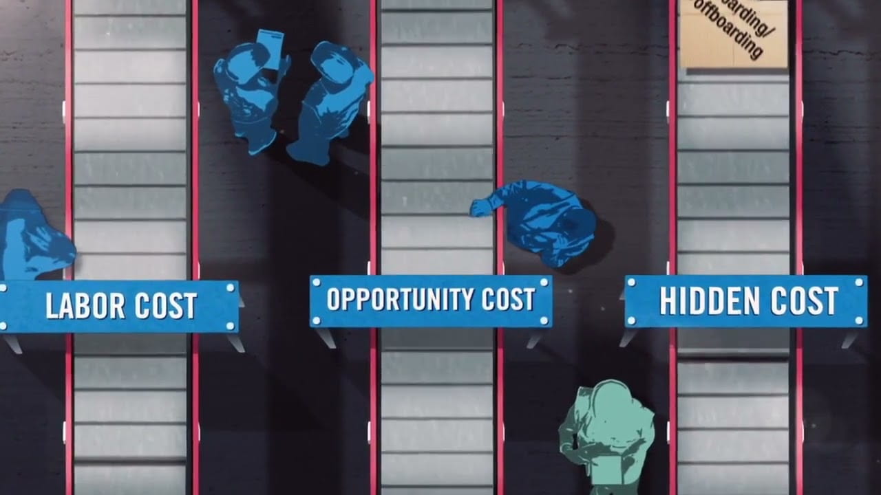Figures of workers in a conveyor system
