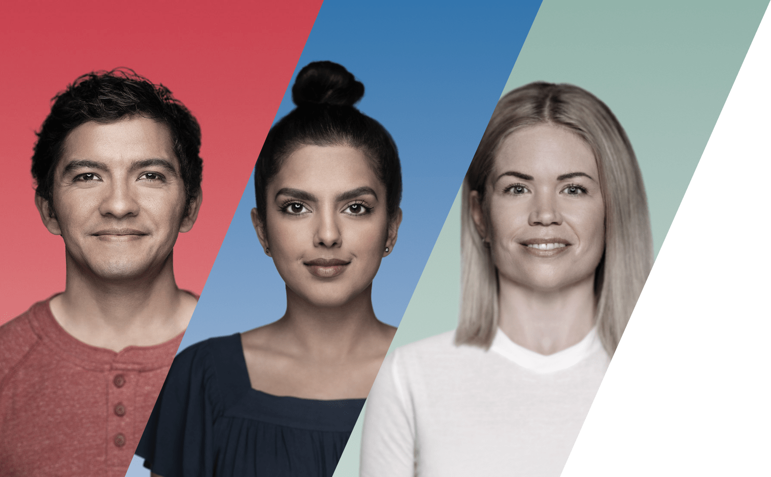 man and two women side by side with diagonal red, blue, and green stripes in background