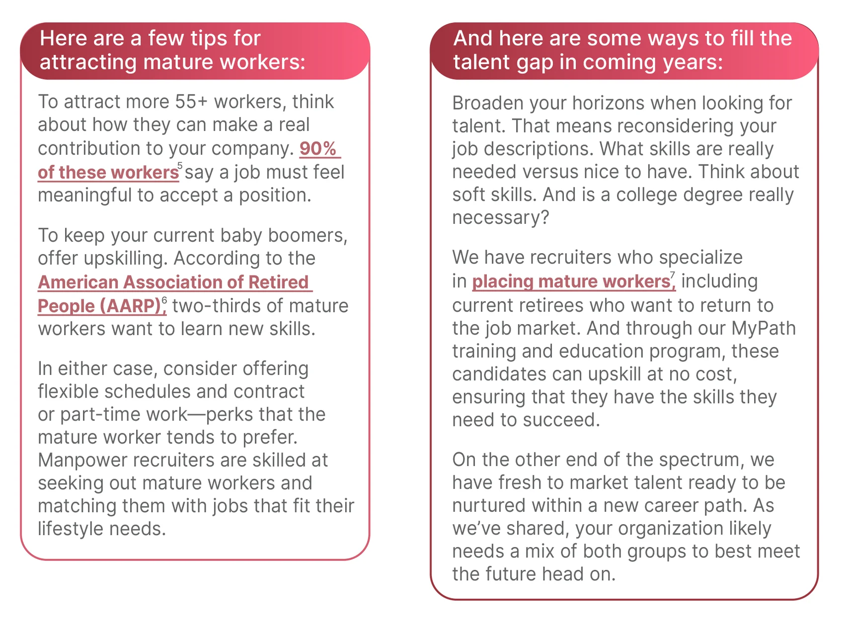 tips to attract mature workers and fill talent gap table graphic